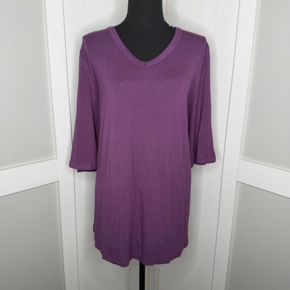 Yes Fashion Tunic Top Womens XXL Purple V-Neck Bell Sleeve Stretch SKU 4868